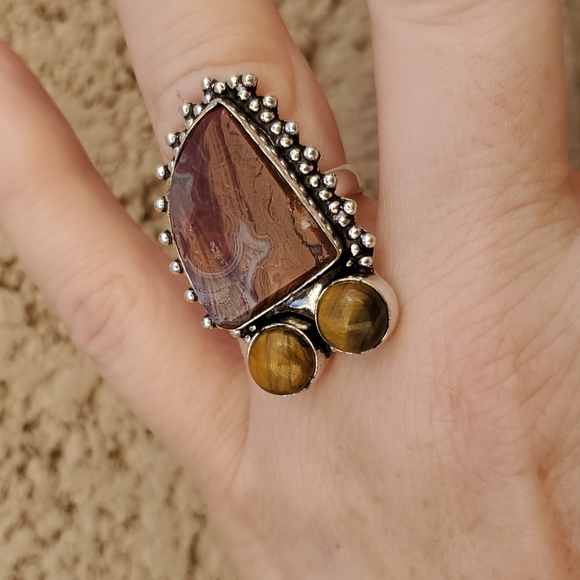 New Lake Superior Agate & Tiger Eye 925 Silver Ring. - Picture 5 of 13
